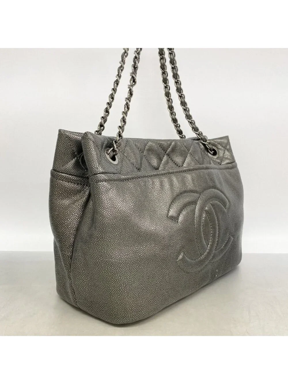 Chanel Chain Tote Quilted Caviar Leather Gray Silver